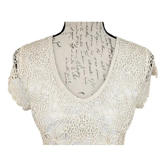 Y2K Formal Fairy Core Tunic/Dress Sm Goldish Cream Crochet Overlay Victorian - Picture 5 of 12